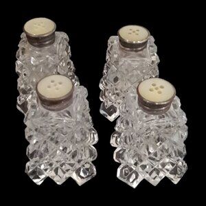 2 Pair Molded Crystal Diamond Pattern Salt & Pepper Shakers Silver & M.O.P. Tops